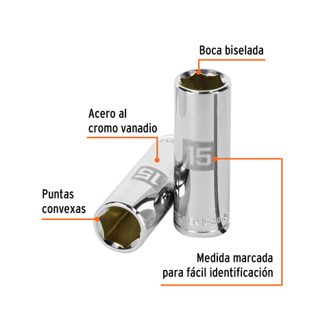 Dado largo de 15 mm, 6 puntas, cuadro 3/8', Truper | D-3815-HM-L | 13775