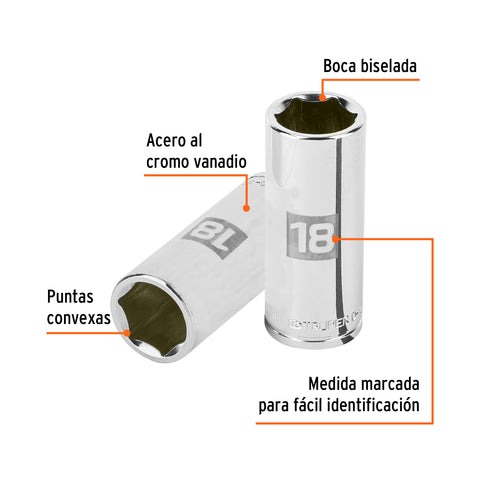 Dado largo de 18 mm, 6 puntas, cuadro 3/8', Truper | D-3818-HM-L | 13778