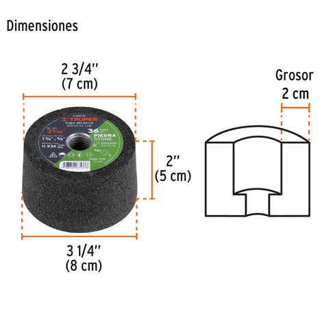 Copa desbaste de piedra 3-5/32' grano 36, eje 5/8-11, Truper | C-1292-PI | 13780