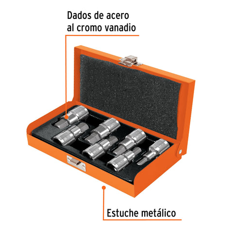 Juego de 7 dados cuadro 1/2' punta hex std, estuche metálico | JPH-1/2X7PH | 13929