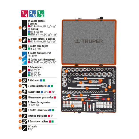 Juego 135 herramientas 1/4', 3/8' y 1/2' std y mm p/mecánico | JD-135MP | 13975