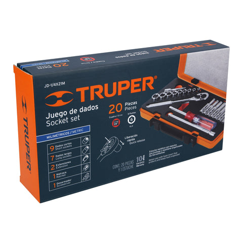 Juego de 20 herramientas cuadro 1/4' mm para mecánico | JD-1/4X21M | 13981