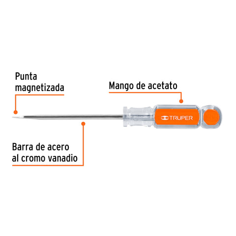 Desarmador plano 3/16' x 4' mango de acetato, Truper | DR-3/16X4 | 13990