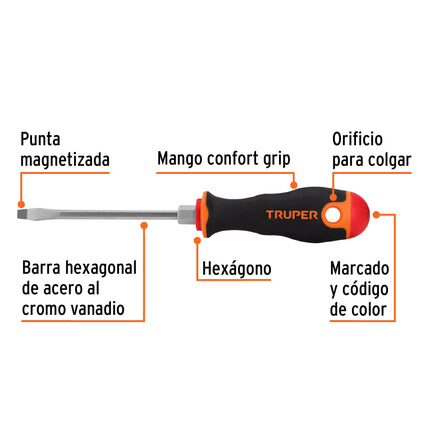 Desarmador plano 3/16' x 4' mango Comfort Grip, Truper | DR-3/16X4B | 13992