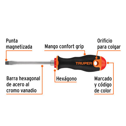 Desarmador plano 1/4' x 4' mango Comfort Grip, Truper | DR-1/4X4B | 13998