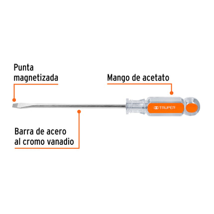 Desarmador plano 1/4' x 6' mango de acetato, Truper | DR-1/4X6 | 13999