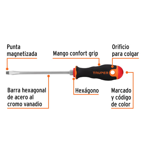 Desarmador plano 1/4' x 6' mango Comfort Grip, Truper | DR-1/4X6B | 14000