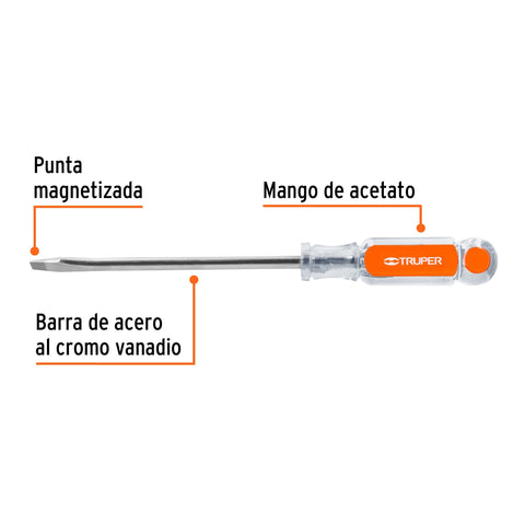Desarmador plano 5/16' x 6' mango de acetato, Truper | DR-5/16X6 | 14002