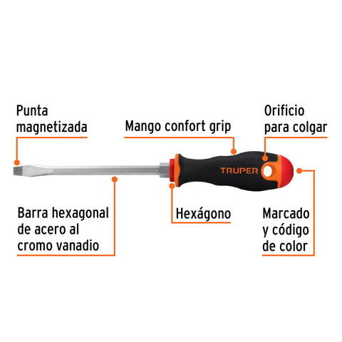 Desarmador plano 5/16' x 6' mango Comfort Grip, Truper | DR-5/16X6B | 14006