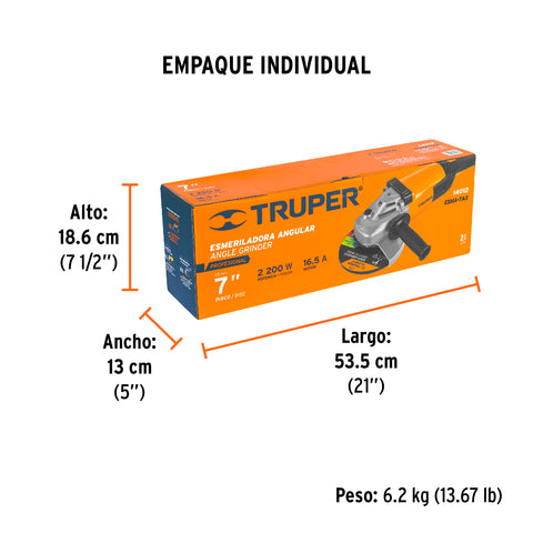 Esmeriladora angular 7', 2200W, TRUPER PRO | ESMA-7A3 | 14012