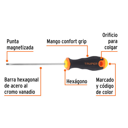 Desarmador cabinet 1/8' x 4' mango Comfort Grip, Truper | DG-1/8X4B | 14019