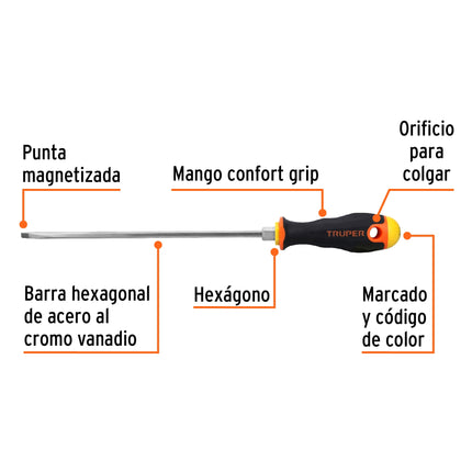 Desarmador cabinet 3/16' x 8' mango Comfort Grip, Truper | DG-3/16X8B | 14043