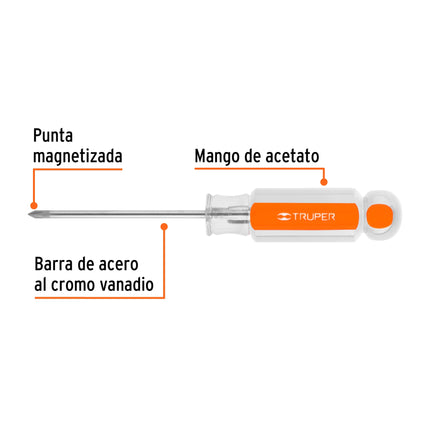 Desarmador de cruz 1/8' x 2-1/2' mango de acetato, Truper | DP-1/8X2-1/2 | 14050