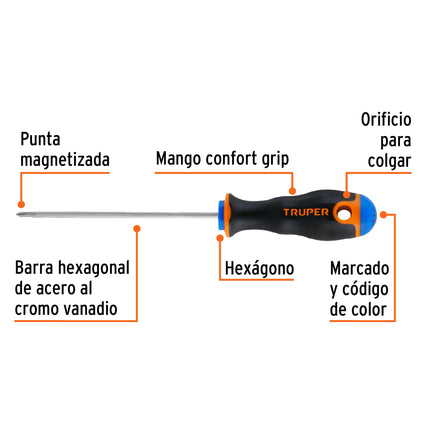 Desarmador de cruz 1/8' x 4' mango Comfort Grip, Truper | DP-1/8X4B | 14055