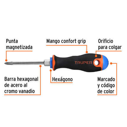 Desarmador de cruz 3/16' x 3' mango Comfort Grip, Truper | DP-3/16X3B | 14064