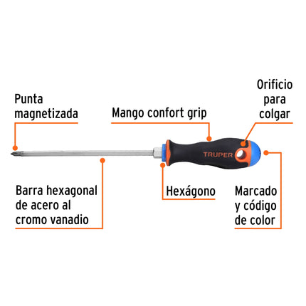 Desarmador de cruz 3/16' x 6' mango Comfort Grip, Truper | DP-3/16X6B | 14067