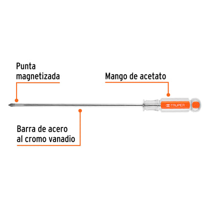 Desarmador de cruz 3/16' x 8' mango de acetato, Truper | DP-3/16X8 | 14068