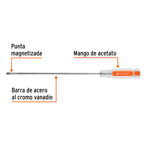 Desarmador de cruz 3/16' x 8' mango de acetato, Truper | DP-3/16X8 | 14068