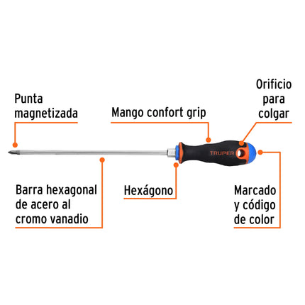 Desarmador de cruz 3/16' x 8' mango Comfort Grip, Truper | DP-3/16X8B | 14070
