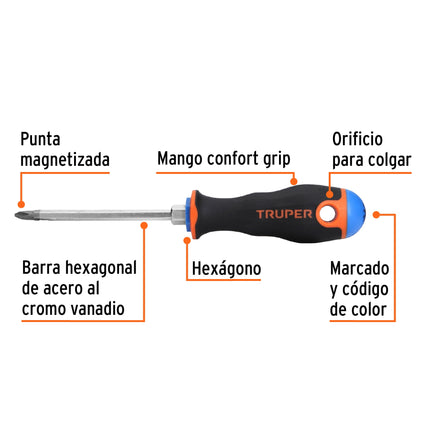 Desarmador de cruz 1/4' x 4' mango Comfort Grip, Truper | DP-1/4X4B | 14076