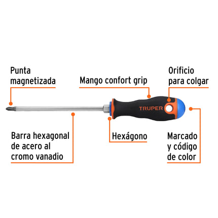 Desarmador de cruz 1/4' x 6' mango Comfort Grip, Truper | DP-1/4X6B | 14079
