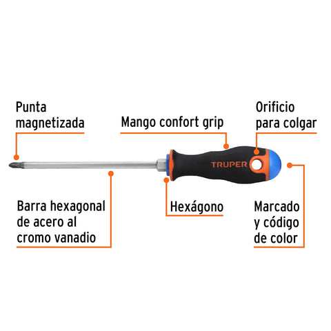 Desarmador de cruz 1/4' x 6' mango Comfort Grip, Truper | DP-1/4X6B | 14079