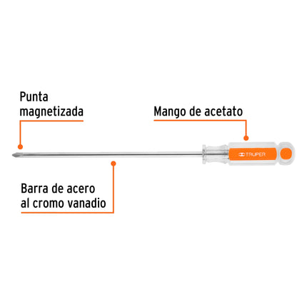 Desarmador de cruz 1/4' x 8' mango de acetato, Truper | DP-1/4X8 | 14080