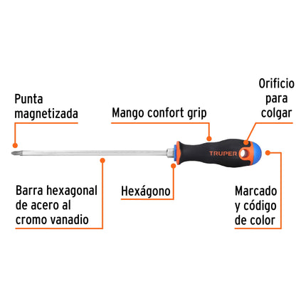 Desarmador de cruz 1/4' x 8' mango Comfort Grip, Truper | DP-1/4X8B | 14082