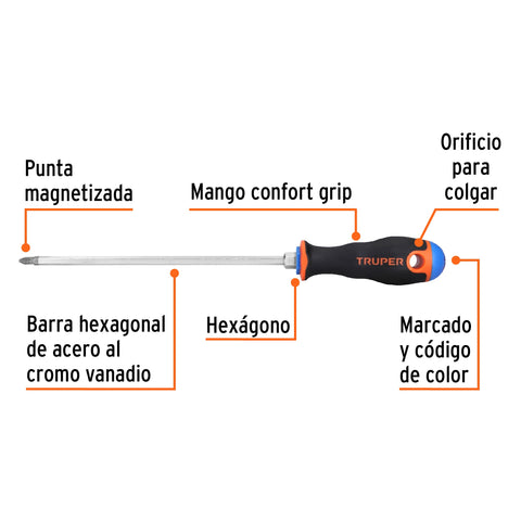 Desarmador de cruz 1/4' x 8' mango Comfort Grip, Truper | DP-1/4X8B | 14082