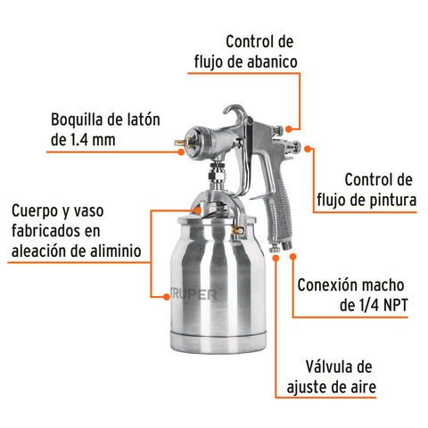 Pistola p/pintar succión HVLP vaso aluminio, 1.4 mm, Truper | PIPI-330 | 14084