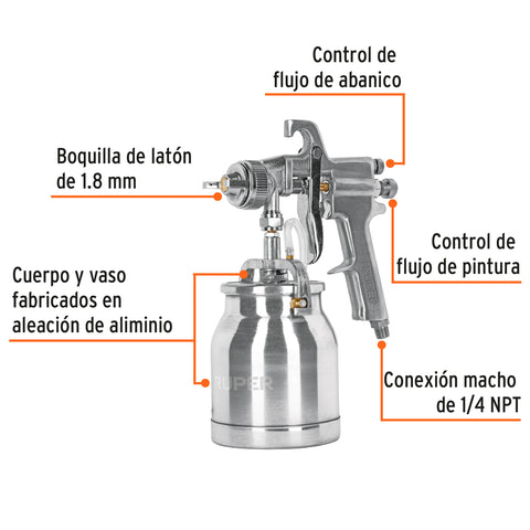 Pistola p/pintar succión HVHP vaso alum, 1.8mm, 2 vál Truper | PIPI-310 | 14087