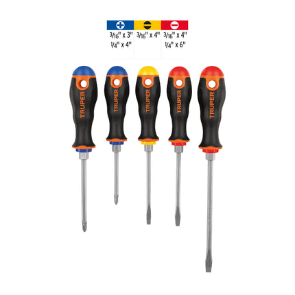 Juego de 5 desarmadores mango Comfort Grip, Truper | DTJ-5B | 14138