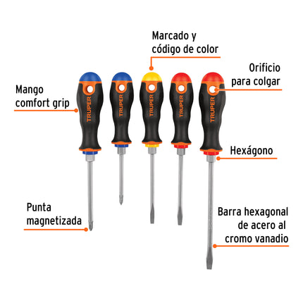 Juego de 5 desarmadores mango Comfort Grip, Truper | DTJ-5B | 14138