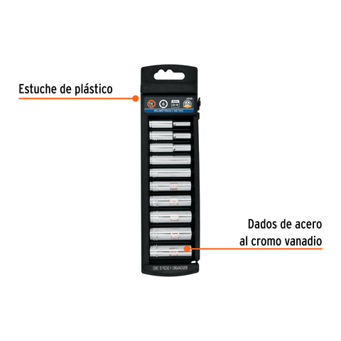 Juego de 10 dados largos cuadro 1/4' mm, Truper | JD-1/4X10LM | 14168
