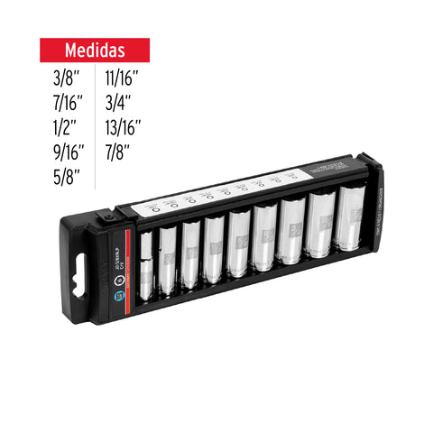 Juego de 9 dados largos cuadro 3/8' std, Truper | JD-3/8X9LP | 14172