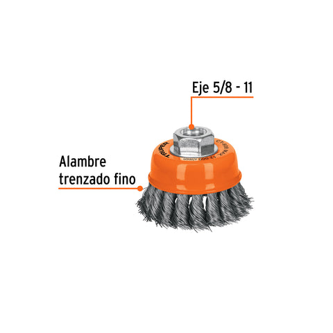 Carda copa 3' alambre trenzado fino, eje 5/8'-11, Truper | CT-608 | 14186