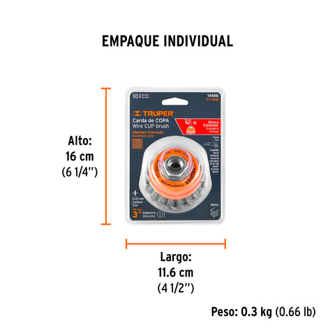 Carda copa 3' alambre trenzado fino, eje 5/8'-11, Truper | CT-608 | 14186