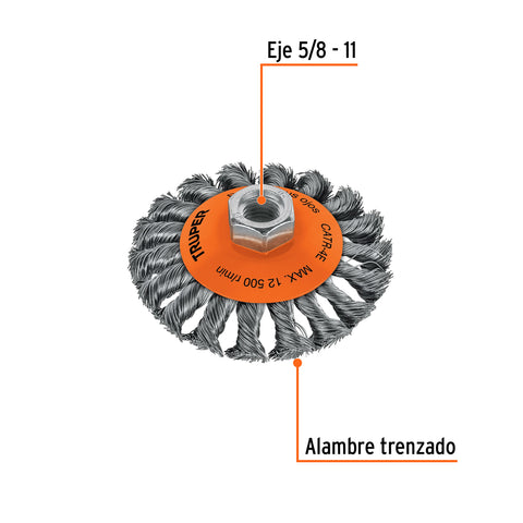 Carda tipo cónico 4' alambre trenzado, eje 5/8'-11, Truper | CATR-4E | 14190