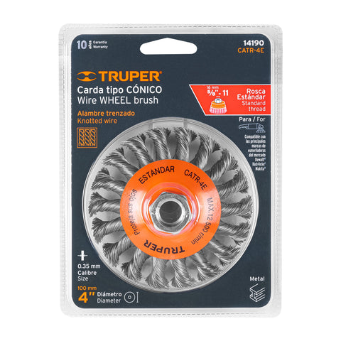 Carda tipo cónico 4' alambre trenzado, eje 5/8'-11, Truper | CATR-4E | 14190