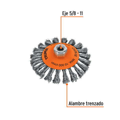 Carda tipo cónico 5' alambre trenzado, eje 5/8'-11, Truper | CATR-5E | 14191