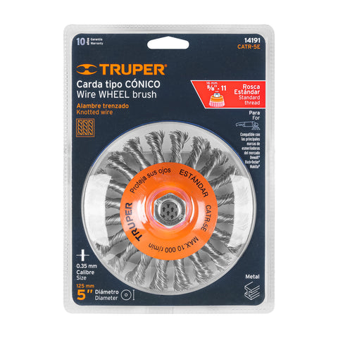 Carda tipo cónico 5' alambre trenzado, eje 5/8'-11, Truper | CATR-5E | 14191