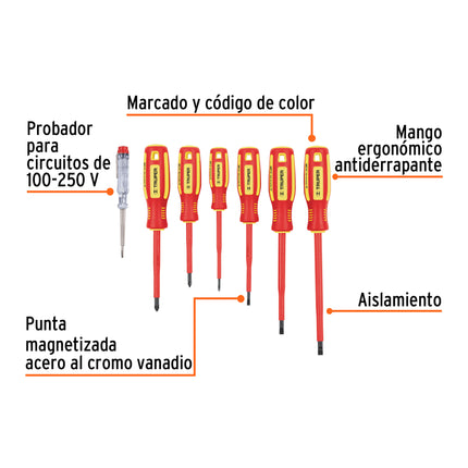 Juego 6 desarmadores dieléctricos y 1 probador de corriente | DTJ-7D | 14196