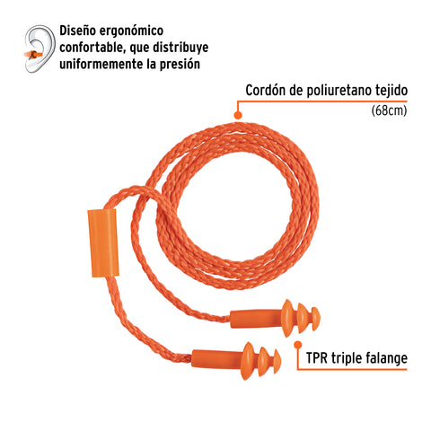 Tapón auditivo reutilizable triple barrera con cordón | TA-3B | 14225
