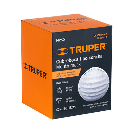 Cubrebocas tipo concha por pieza en caja de 50 pz, Truper (MAS)