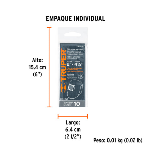 Lente sombra 10 para caretas CASO-3 y CASO-300-P, TRUPER | CRI-C-10 | 14274