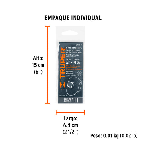 Lente sombra 11 para caretas CASO-3 y CASO-300-P, TRUPER | CRI-C-11 | 14275