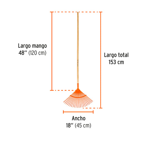 Escoba metálica para jardín, curva, 22 dientes, mango 48' | EM-22 | 14322