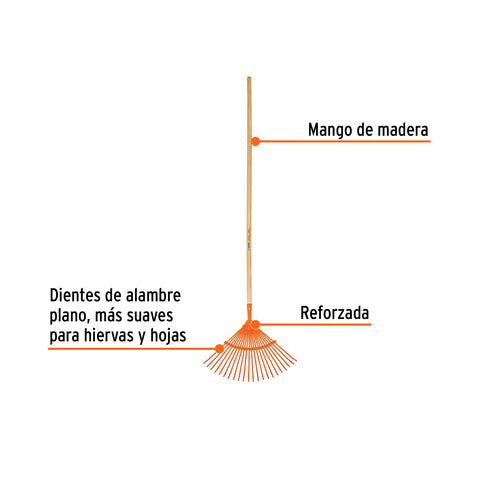 Escoba metálica para jardín, curva, 22 dientes, mango 48' | EM-22 | 14322