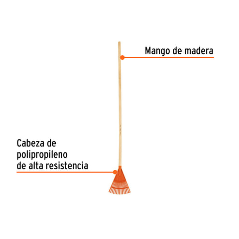 Escoba plástica para jardín, rígida, 15 dientes, mango 48' | EP-15 | 14345
