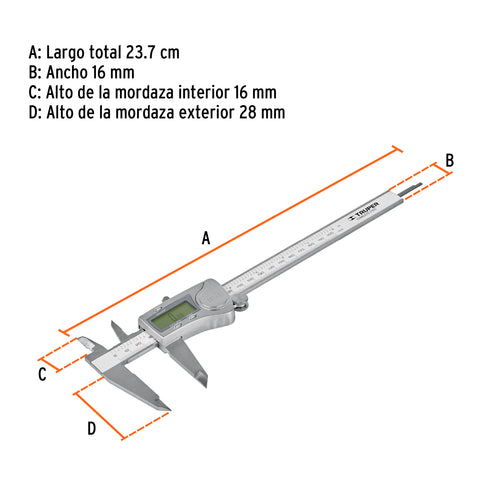 Calibrador vernier digital 6', acero inox, std y mm, TRUPER | CALDI-6MP | 14388